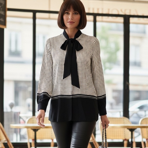 Karl Lagerfeld Tops - Karl Lagerfeld Paris Polka Dot Tie-Neck Blouse - Black & White Colorblock - S
